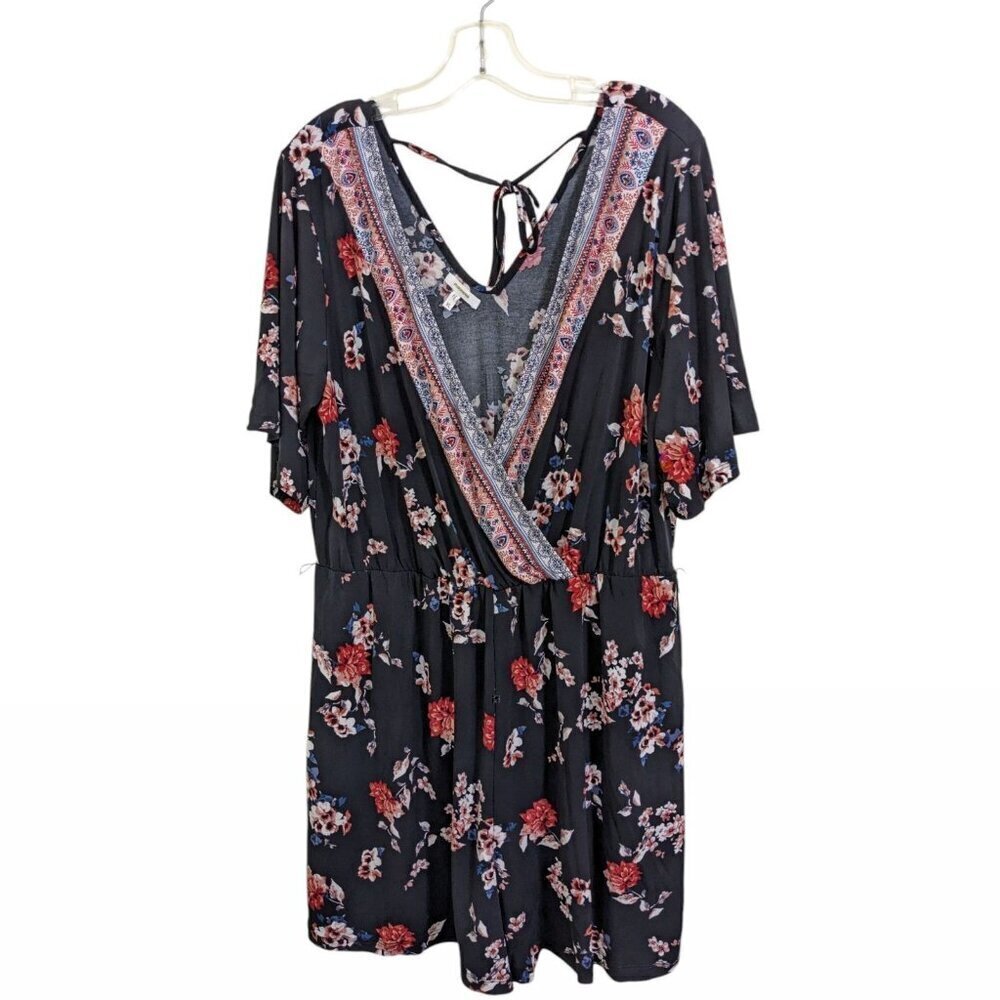 Maurices Womens One Piece Romper Size L Black Floral Short Sleeve V Neck V Back